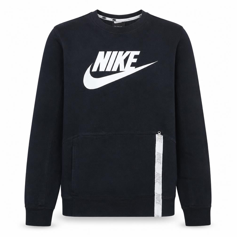 Front view of Nike Men’s Black Crew Neck Logo Pullover Sweatshirt, size S