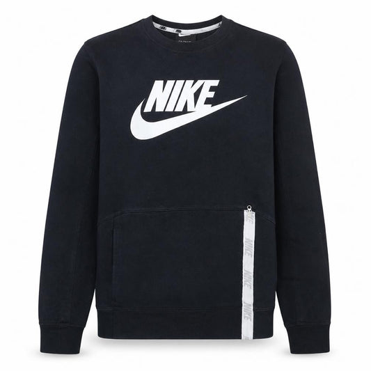 Front view of Nike Men’s Black Crew Neck Logo Pullover Sweatshirt, size S