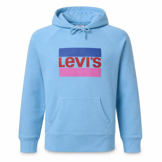 Front view of Levi's men’s blue pullover hoodie m graphic logo cotton blend
