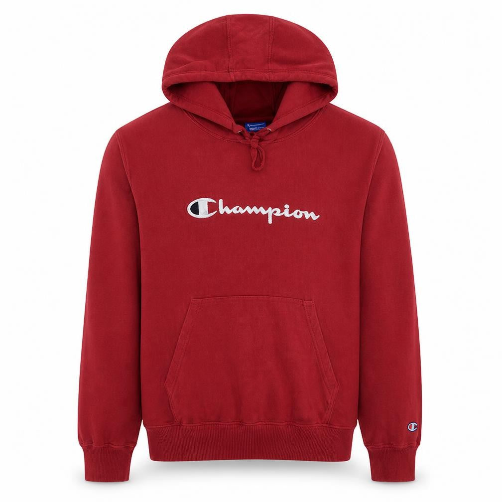 Front view of Champion Men's Red Pullover Hoodie Medium Logo Graphic Fleece