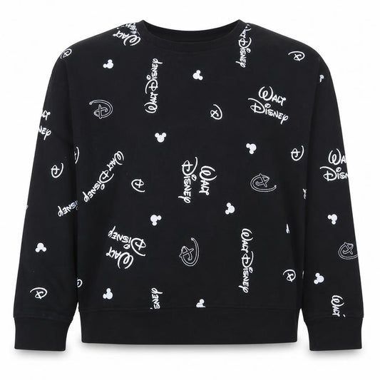 Front view of Disney Women Black Sweatshirt L 14/16 Crew Neck Graphic Print