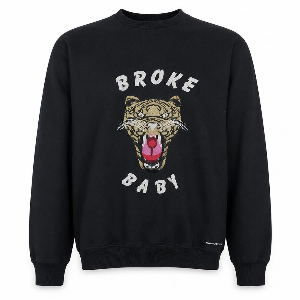 Front view of Broke Baby men’s black l pullover graphic tiger sweatshirt