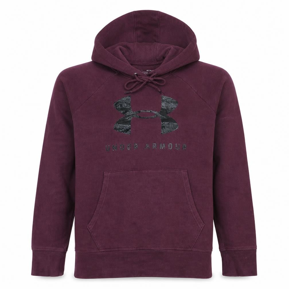 Front view of Under Armour men’s purple pullover hoodie, size S, logo fleece sweatshirt