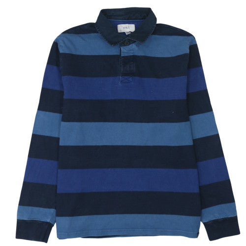 Marks and Spencer Men's Blue Striped Collared Henley Sweatshirt Size L