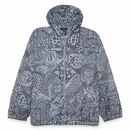 Front view of Fictif Men's Blue Paisley Hooded Windbreaker Jacket, size M