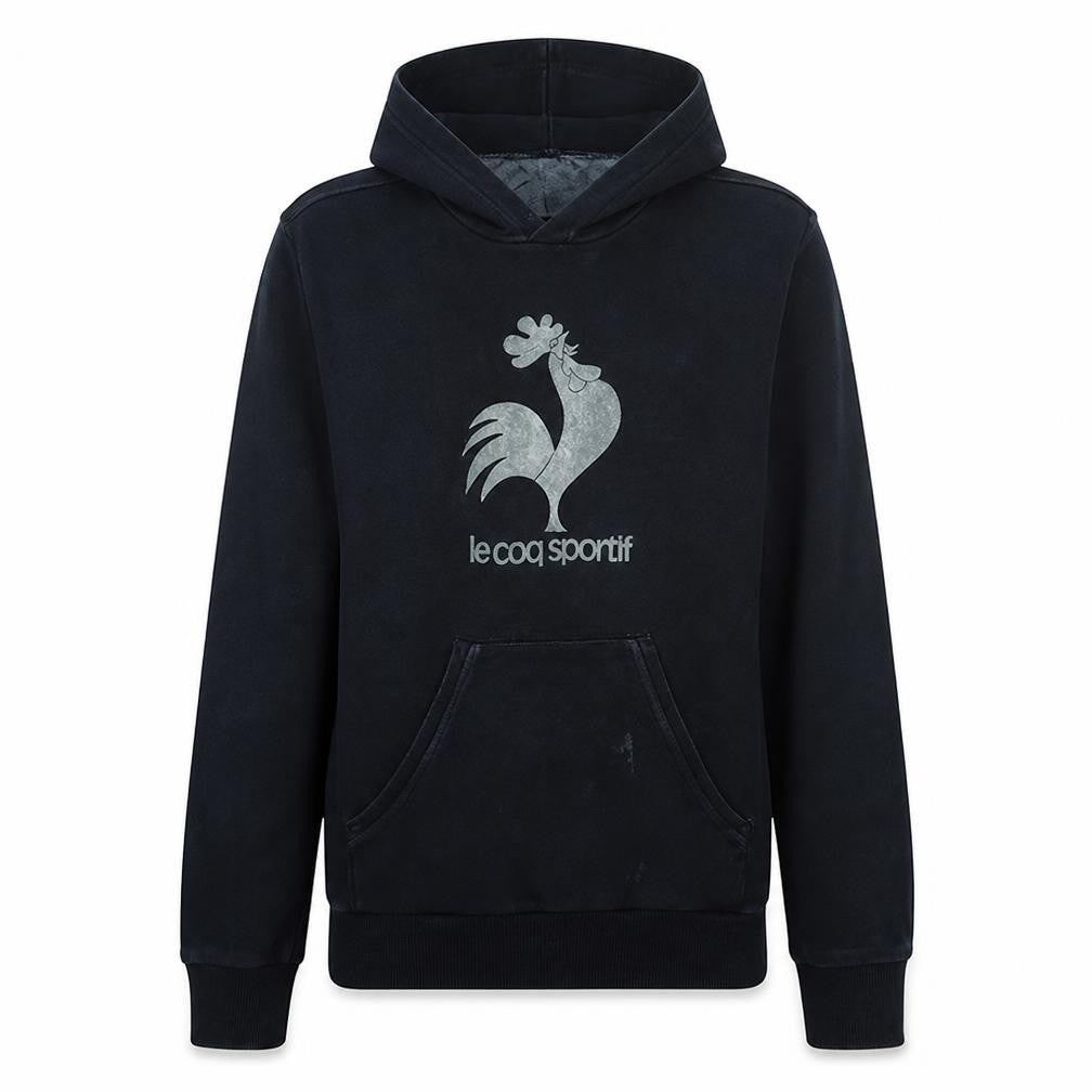 Front view of Le Coq Sportif Men's Black Pullover Hoodie S Regular Fit Graphic