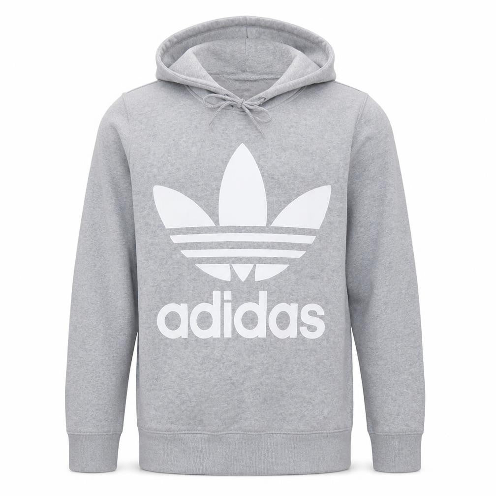 Front view of Adidas men’s grey medium pullover hoodie with logo sports style