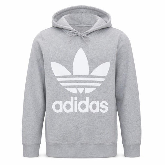 Front view of Adidas men’s grey medium pullover hoodie with logo sports style