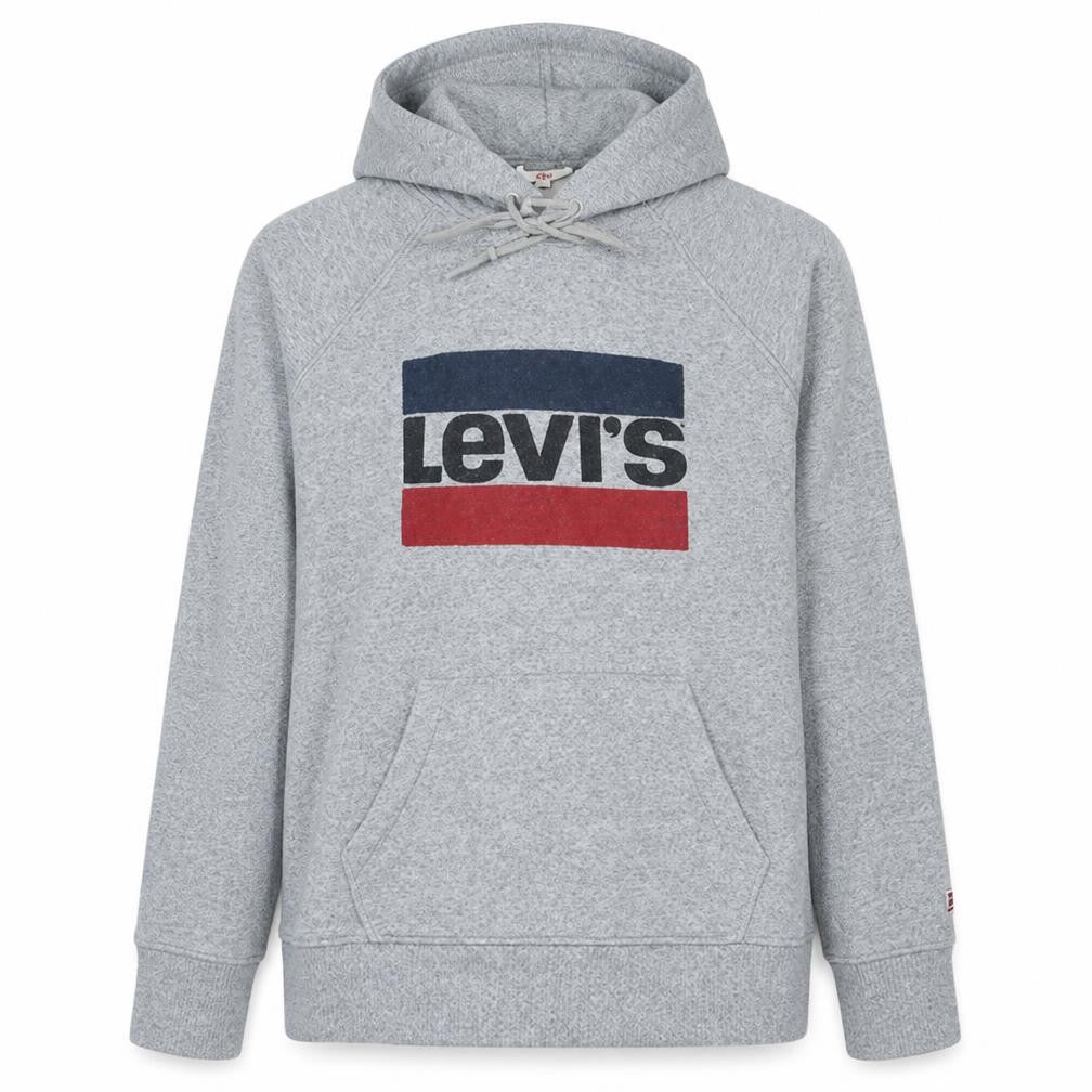 Front view of Levi's Men's Grey Pullover Hoodie Medium Graphic Logo Sweatshirt