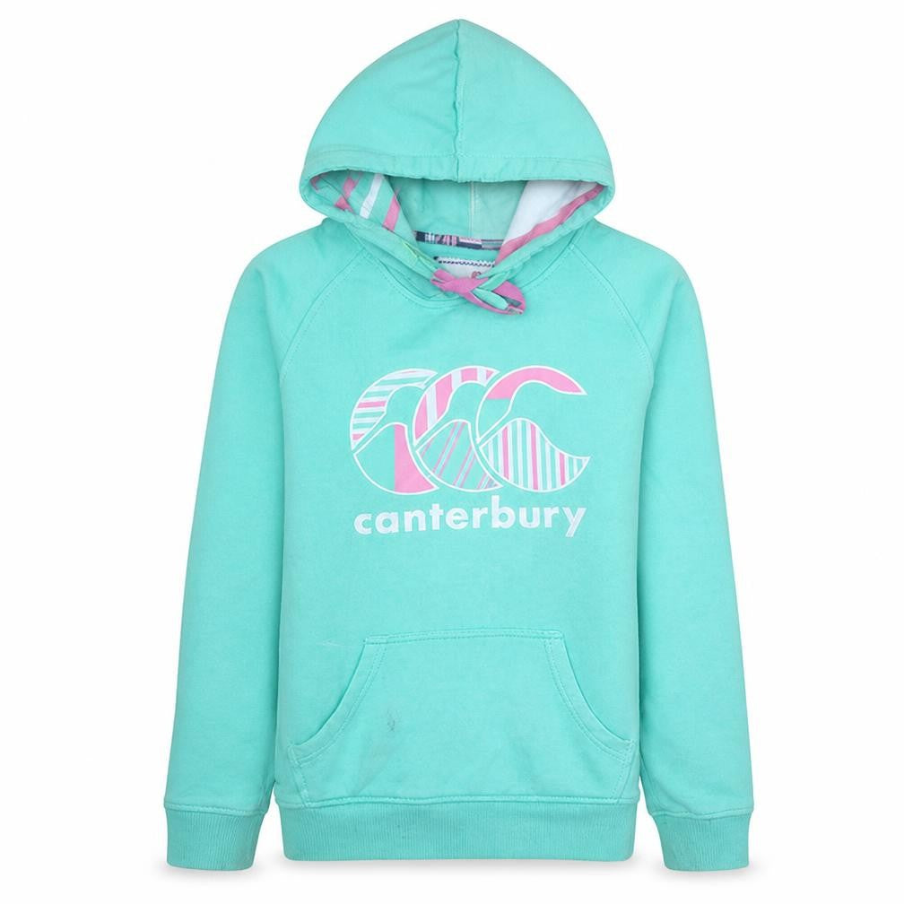Front view of Canterbury women’s teal hoodie pullover, size M, logo print lined hood