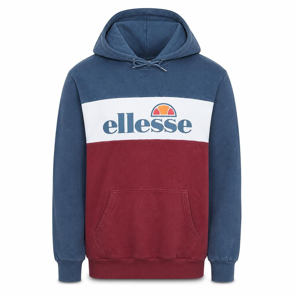 Front view of Ellesse Men's Blue & Red Pullover Hoodie, size M, Logo Sportswear