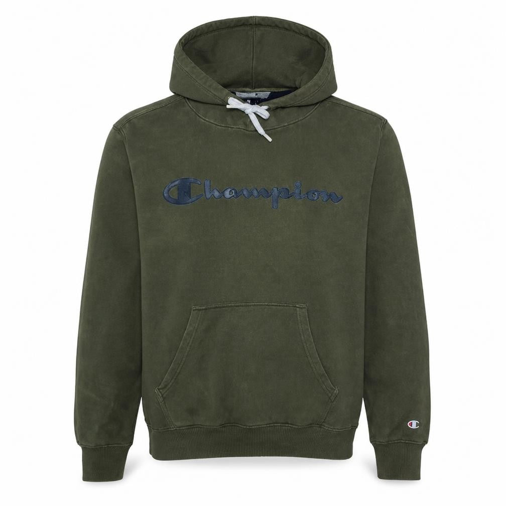 Front view of Champion Men's Green Pullover Hoodie Small Logo Fleece Sweatshirt