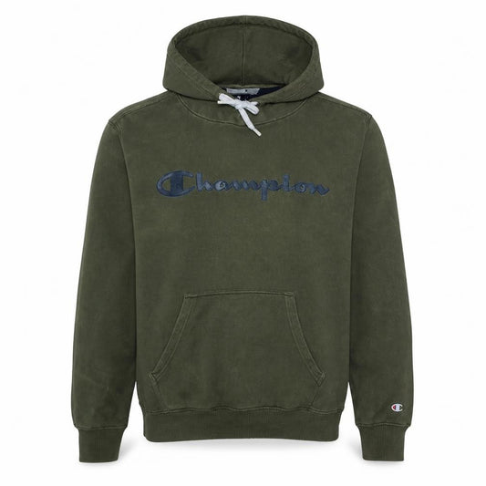 Front view of Champion Men's Green Pullover Hoodie Small Logo Fleece Sweatshirt