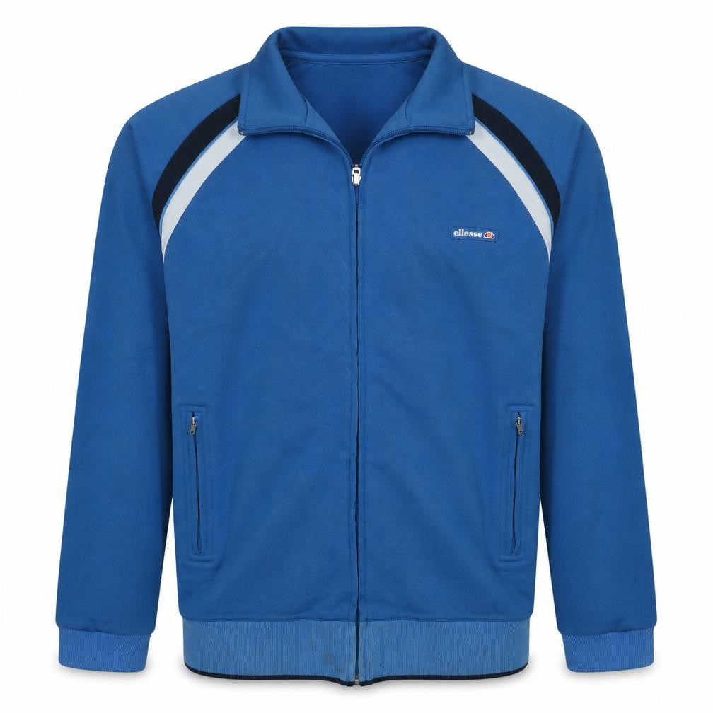 Front view of Ellesse men’s blue track jacket m full zip retro sportswear