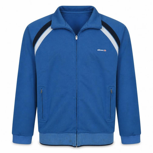Front view of Ellesse men’s blue track jacket m full zip retro sportswear