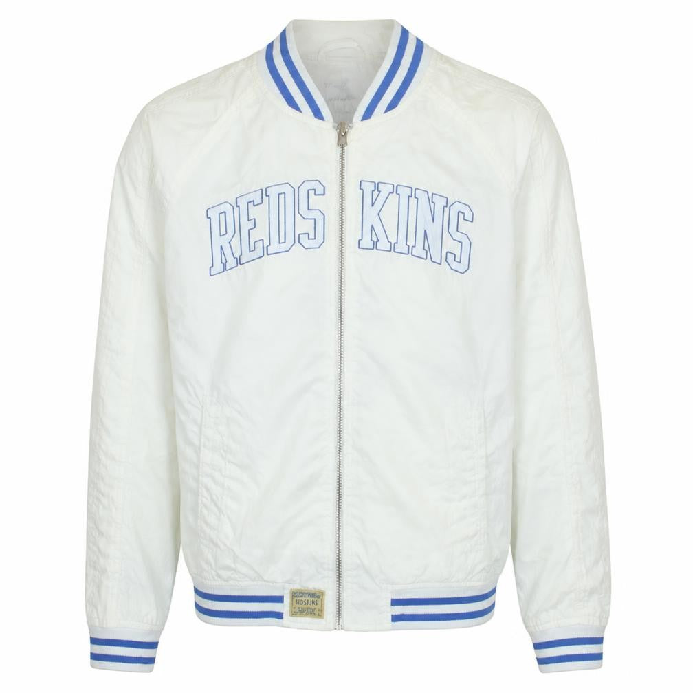 Front view of Redskins Men's White Varsity Jacket M Lightweight Full Zip