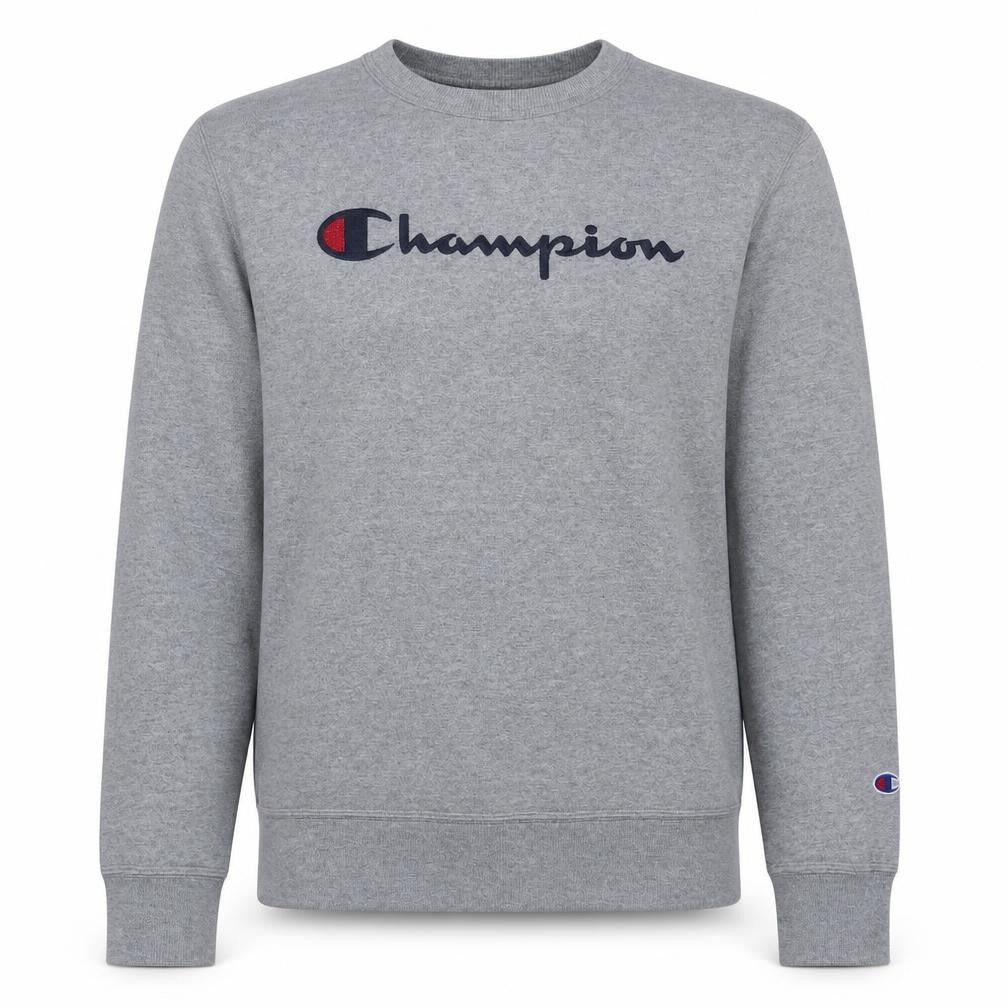 Front view of Champion Men's Grey Pullover Sweatshirt M Regular Fit Crew Neck