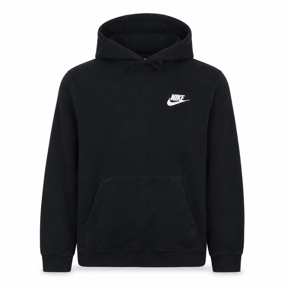 Front view of Nike Men's Black Pullover Hoodie, size M, Logo Fleece Sweatshirt