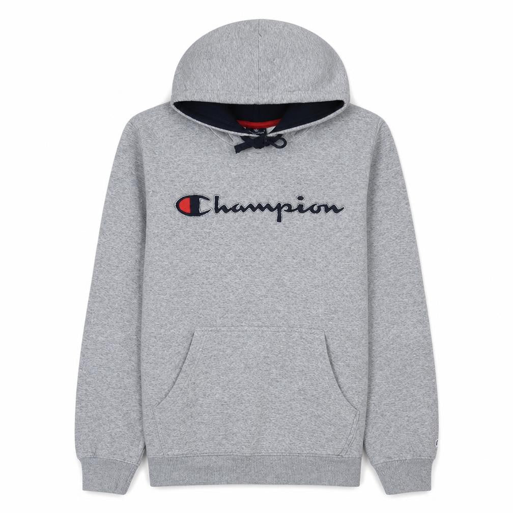 Front view of Champion Men's Grey Pullover Hoodie Large Regular Fit Logo Fleece