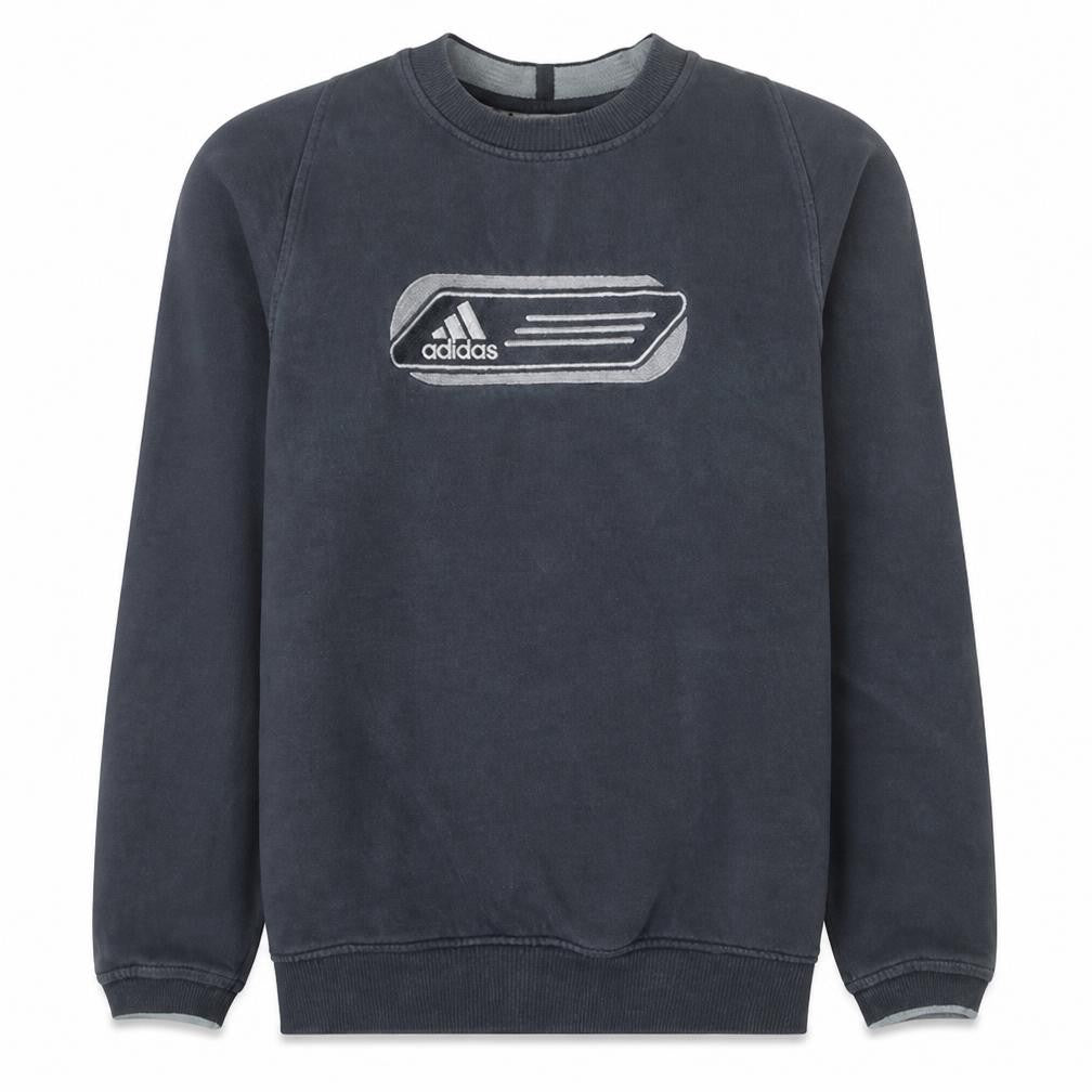 Front view of Adidas boys’ blue crew neck sweatshirt, size 14, years logo fleece pullover