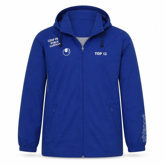Front view of Uhlsport Men's Blue Hooded Windbreaker Jacket, size L, 42in Chest