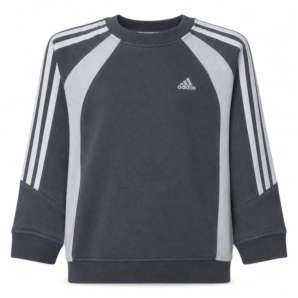 Front view of Adidas boys’ grey 10 years pullover sweatshirt with logo stripes