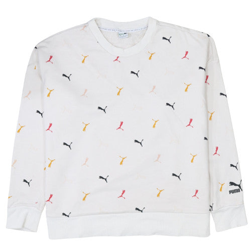 Puma Women White Multicoloured Logo Crew Neck Pullover Sweatshirt L