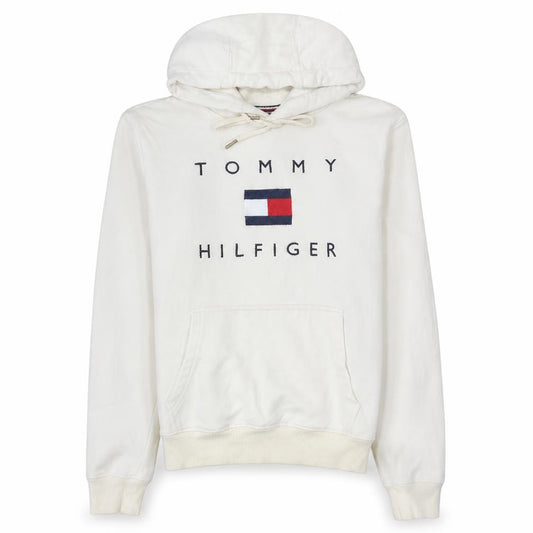 Front view of Tommy Hilfiger Women Ivory Hoodie Medium Cotton Pullover Logo