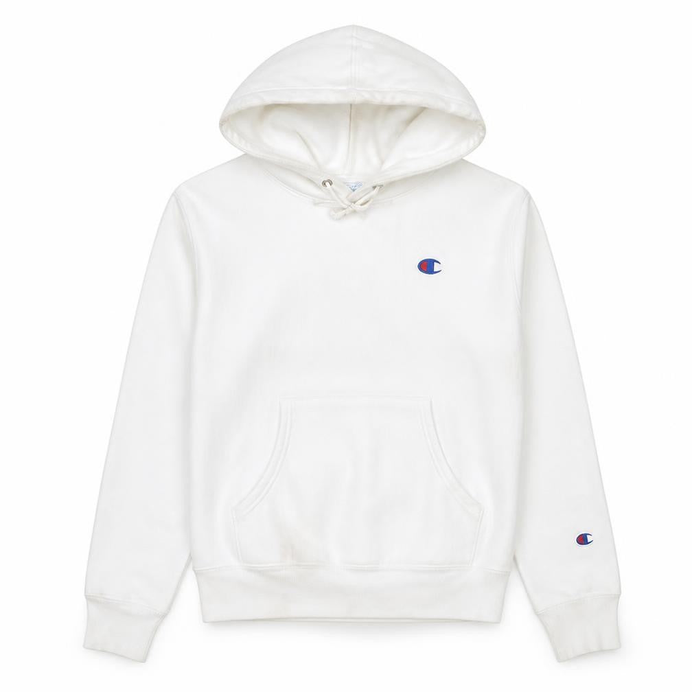 Front view of Champion Reverse Weave White Hoodie Women Small Pullover Cotton Logo