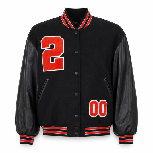 Front view of Boohoo Women's Black Varsity Jacket, size 10, Embroidered Bomber
