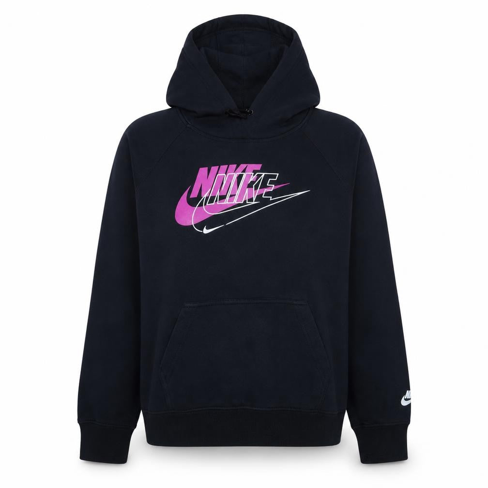 Front view of Nike women’s black pullover hoodie medium logo print fleece sweatshirt