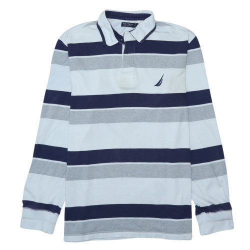 Nautica Men's Blue Striped Long Sleeve Collared Polo Shirt XL