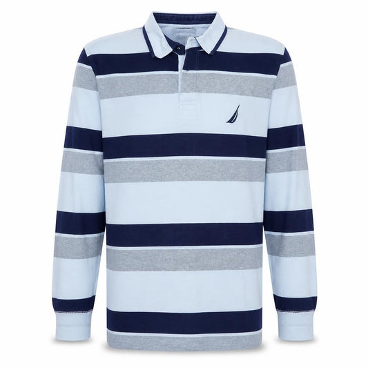 Nautica Men's Blue Striped Long Sleeve Collared Polo Shirt XL