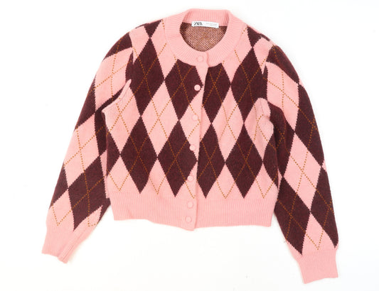 ZARA Women Pink Argyle Diamond Knit Cardigan Size 12