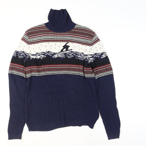 ASOS Men’s Blue Fair Isle Roll Neck 2XL Winter Knit Jumper