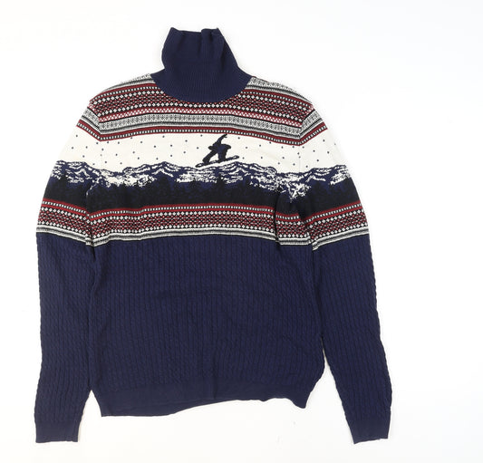 ASOS Men’s Blue Fair Isle Roll Neck 2XL Winter Knit Jumper