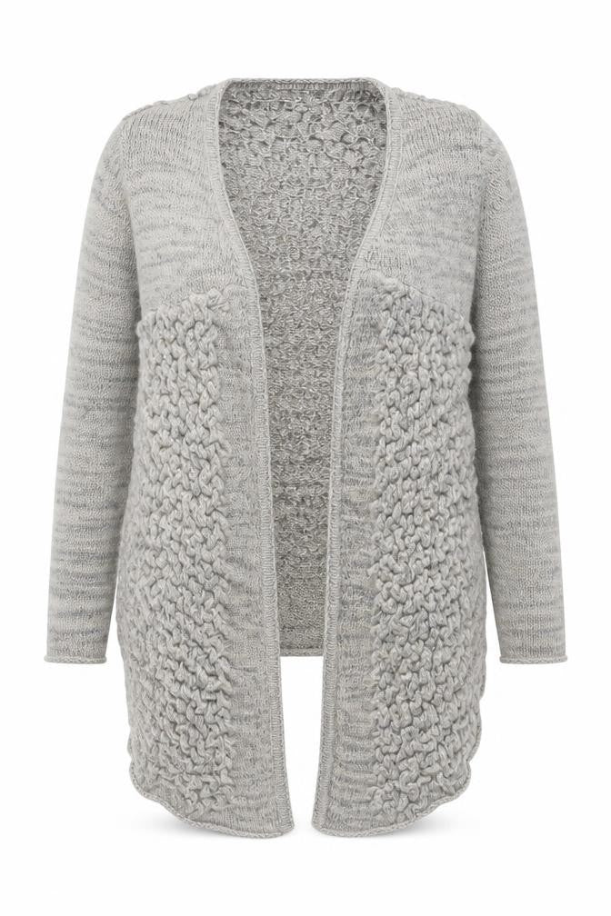 Front view of Bande Originale Women’s Grey Wool Blend Open Knit Cardigan, size UK 16