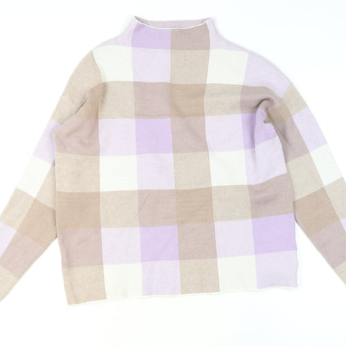 Tahari Women's Beige & Lilac Checked Mock Neck Knit Jumper Size M