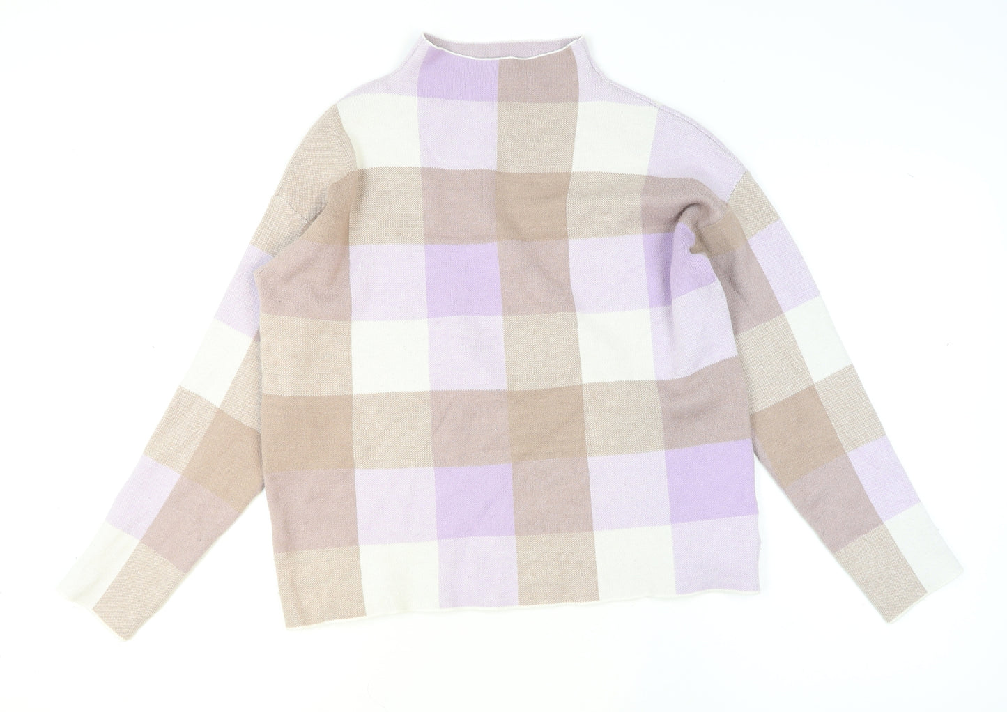 Tahari Women's Beige & Lilac Checked Mock Neck Knit Jumper Size M