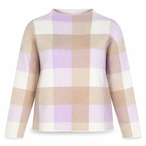 Tahari Women's Beige & Lilac Checked Mock Neck Knit Jumper Size M