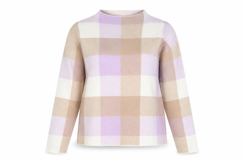 Tahari Women's Beige & Lilac Checked Mock Neck Knit Jumper Size M