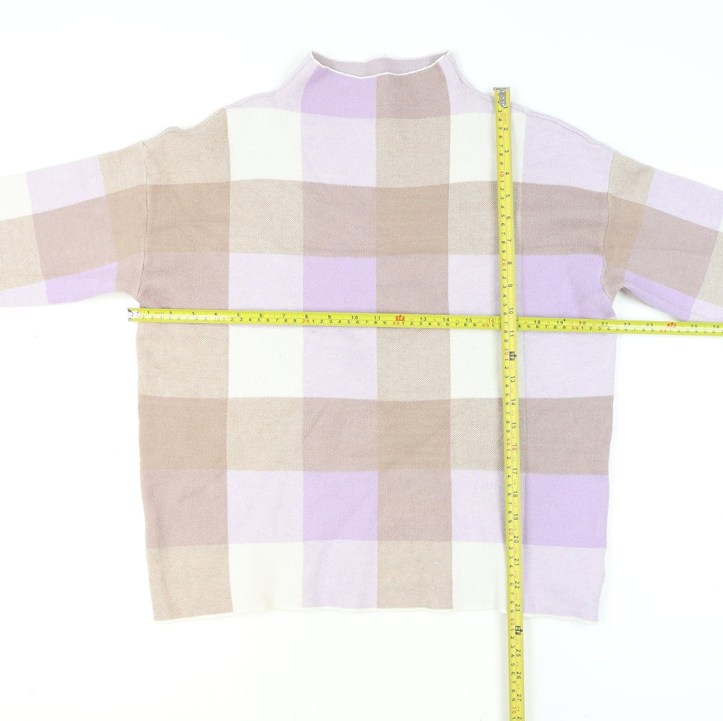 Tahari Women's Beige & Lilac Checked Mock Neck Knit Jumper Size M