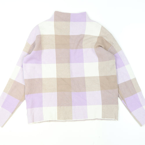Tahari Women's Beige & Lilac Checked Mock Neck Knit Jumper Size M