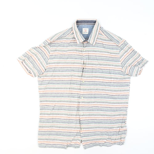 Next Men's Multicoloured Striped Linen Cotton Short Sleeve Shirt L
