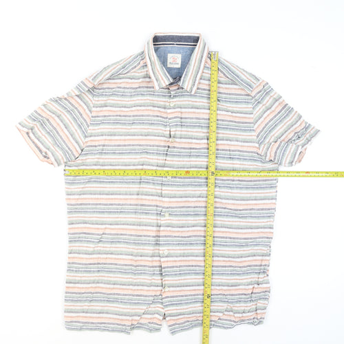 Next Men's Multicoloured Striped Linen Cotton Short Sleeve Shirt L