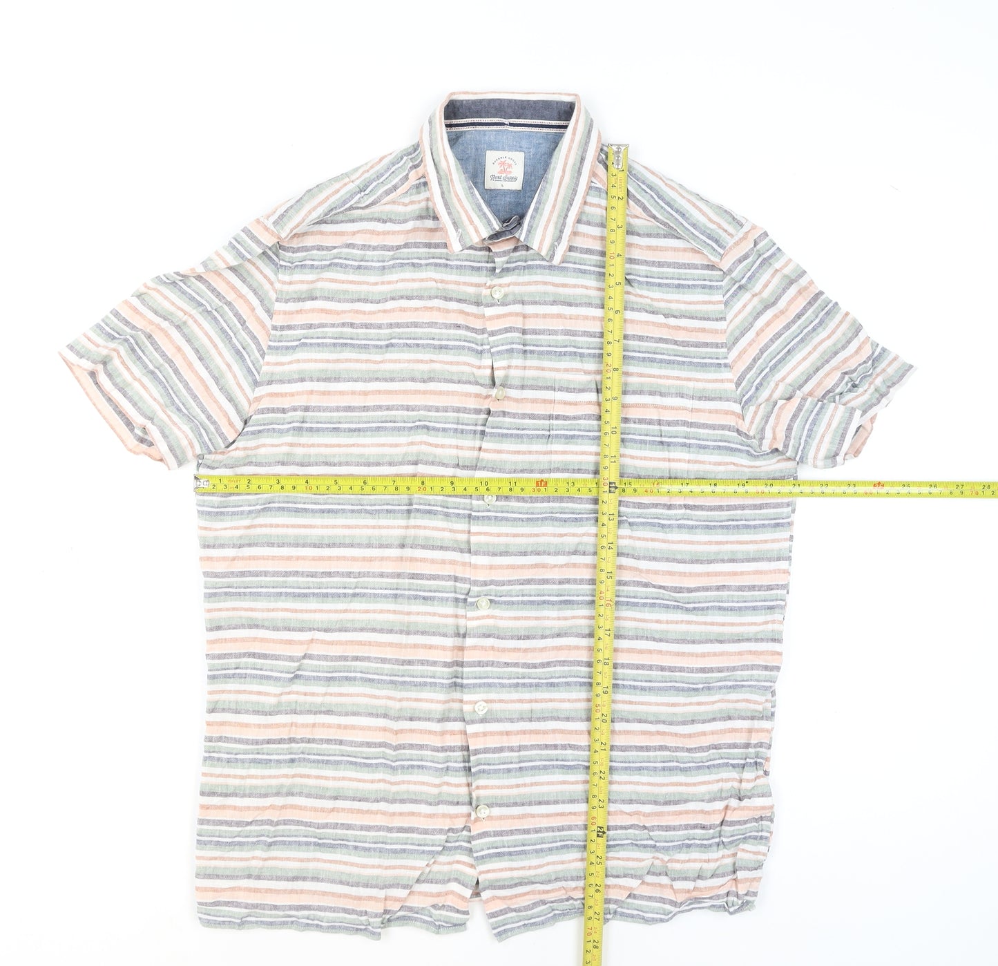Next Men's Multicoloured Striped Linen Cotton Short Sleeve Shirt L