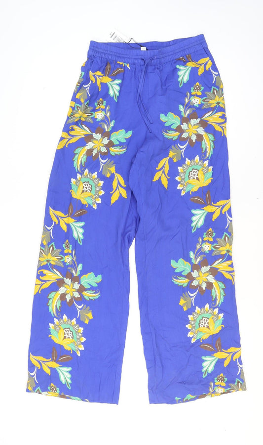 Jaeger Women Blue Floral Wide-Leg Trousers Size 10 Lyocell