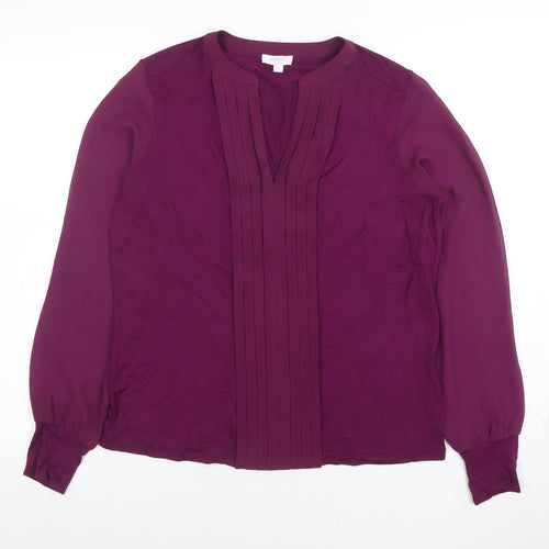 Hobbs Womens Purple Long Sleeve Pleated V-Neck Tunic Blouse Size S