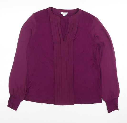Hobbs Womens Purple Long Sleeve Pleated V-Neck Tunic Blouse Size S