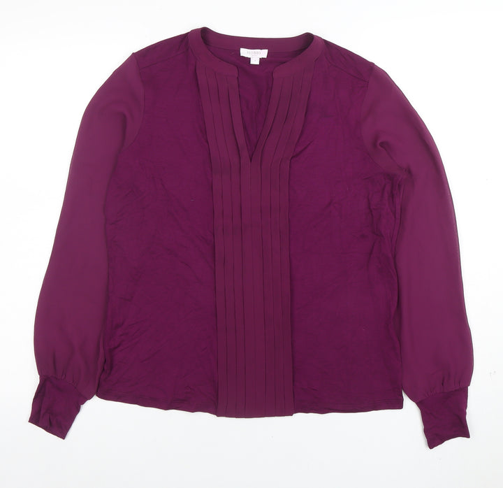 Hobbs Womens Purple Long Sleeve Pleated V-Neck Tunic Blouse Size S